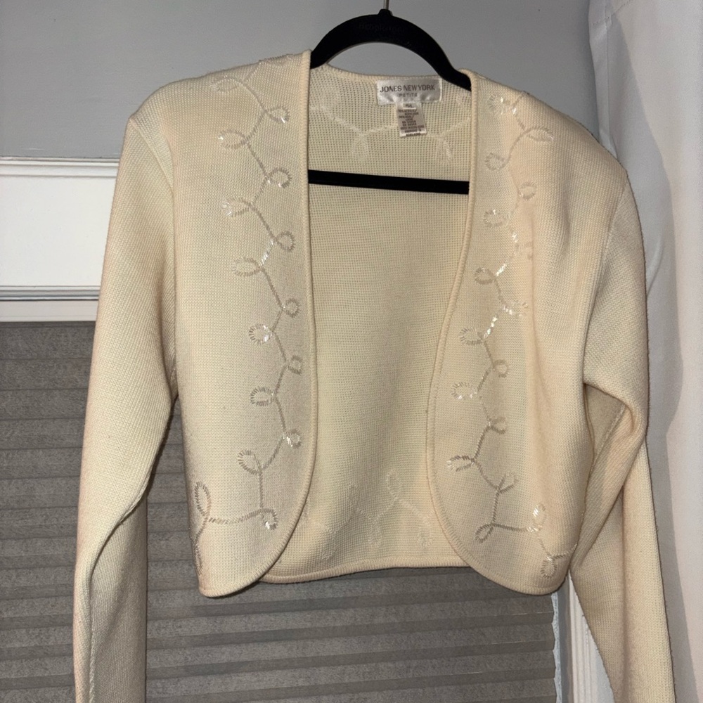 Jones New York Cream Embroidered Open-Front Cropped Cardigan - Picture 3 of 4